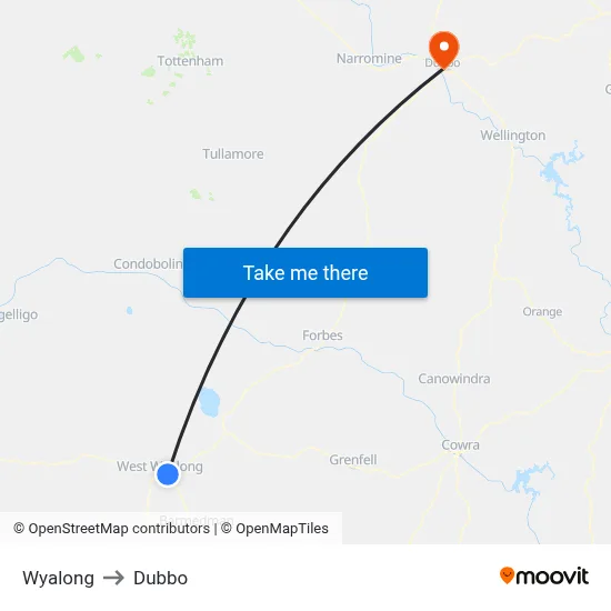 Wyalong to Dubbo map