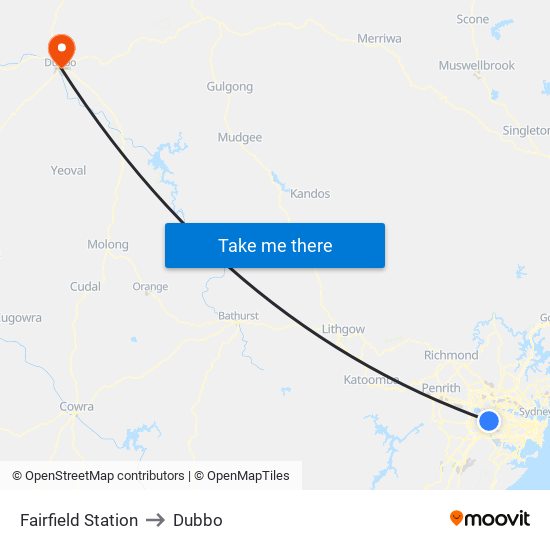 Fairfield Station to Dubbo map