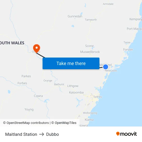 Maitland Station to Dubbo map