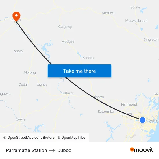 Parramatta Station to Dubbo map
