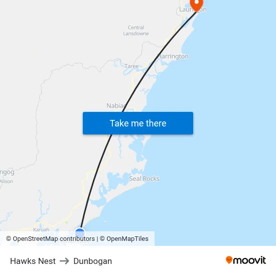 Hawks Nest to Dunbogan map