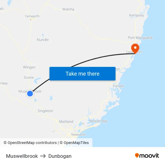 Muswellbrook to Dunbogan map