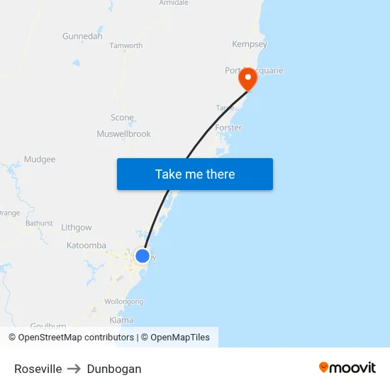 Roseville to Dunbogan map