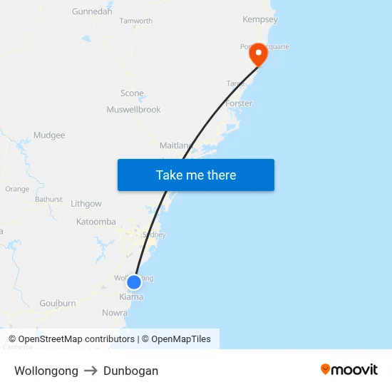 Wollongong to Dunbogan map