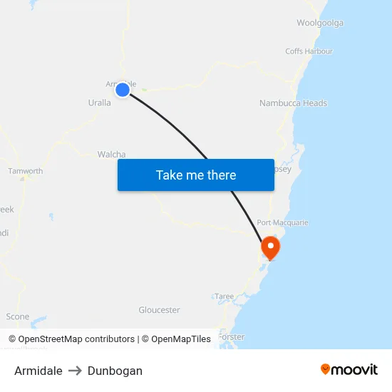 Armidale to Dunbogan map