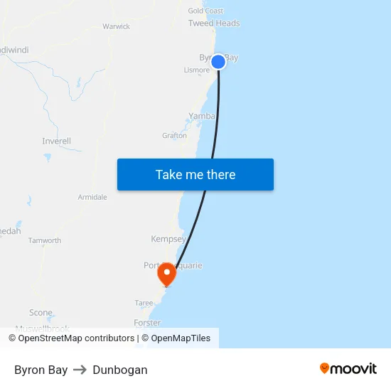 Byron Bay to Dunbogan map