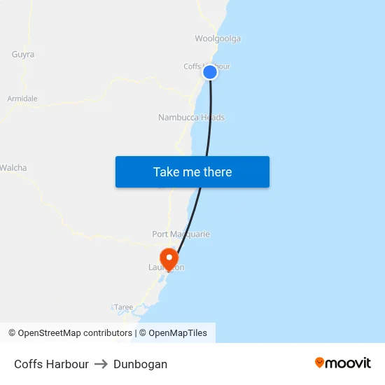 Coffs Harbour to Dunbogan map