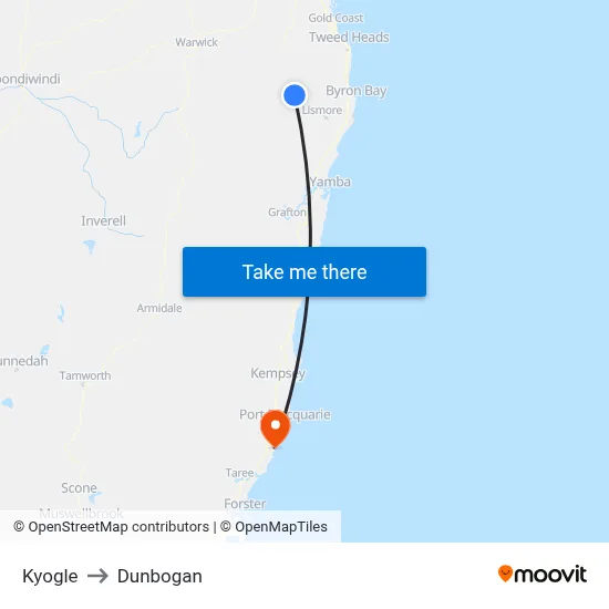 Kyogle to Dunbogan map