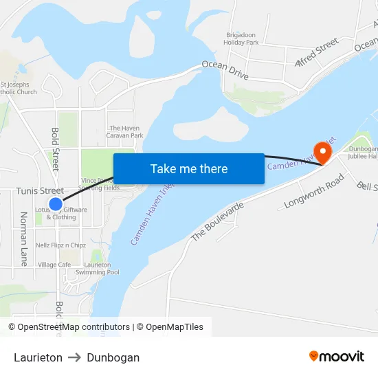 Laurieton to Dunbogan map
