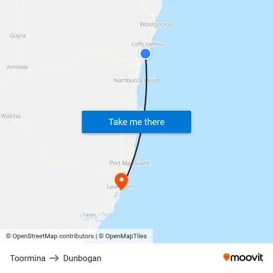 Toormina to Dunbogan map