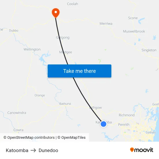 Katoomba to Dunedoo map