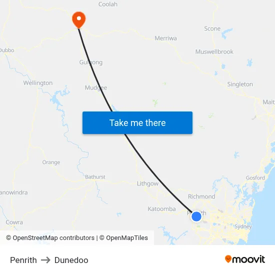 Penrith to Dunedoo map
