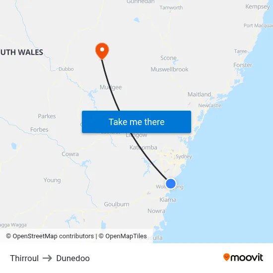 Thirroul to Dunedoo map