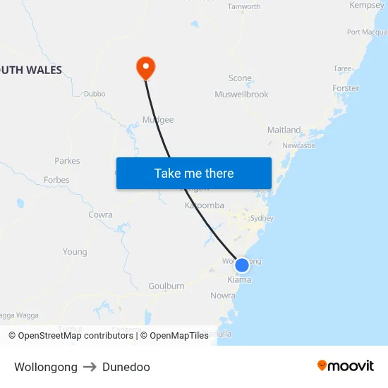 Wollongong to Dunedoo map