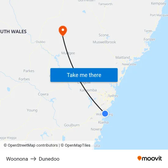 Woonona to Dunedoo map