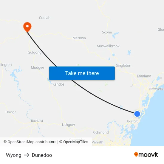 Wyong to Dunedoo map