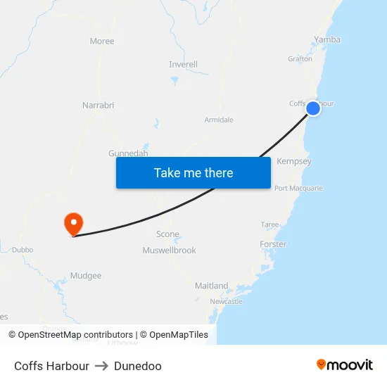 Coffs Harbour to Dunedoo map