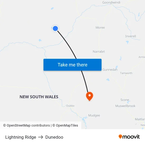 Lightning Ridge to Dunedoo map