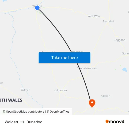 Walgett to Dunedoo map
