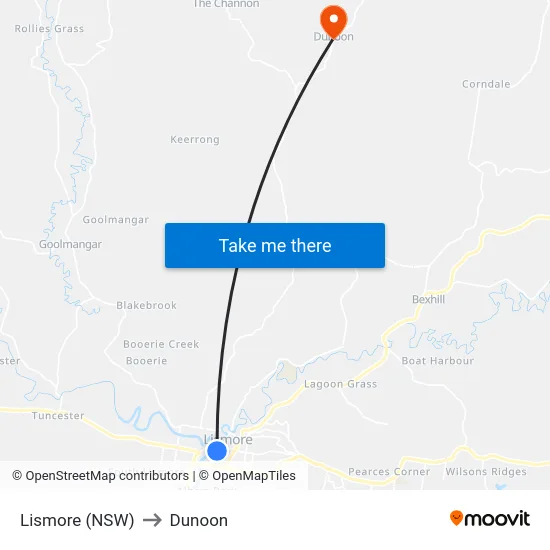 Lismore (NSW) to Dunoon map