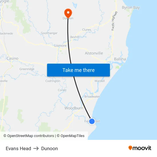 Evans Head to Dunoon map