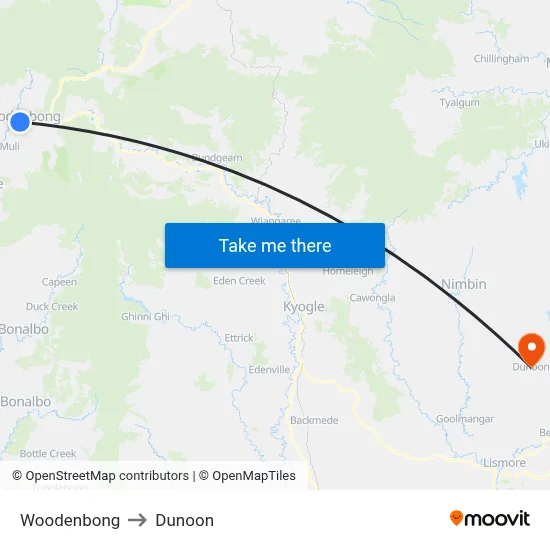 Woodenbong to Dunoon map