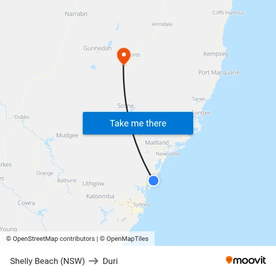 Shelly Beach (NSW) to Duri map