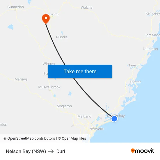 Nelson Bay (NSW) to Duri map