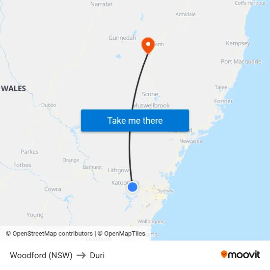Woodford (NSW) to Duri map