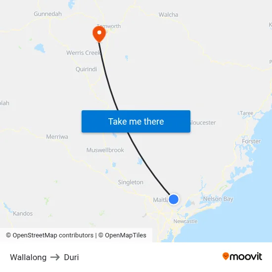 Wallalong to Duri map