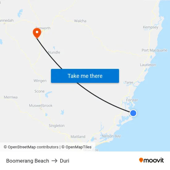 Boomerang Beach to Duri map