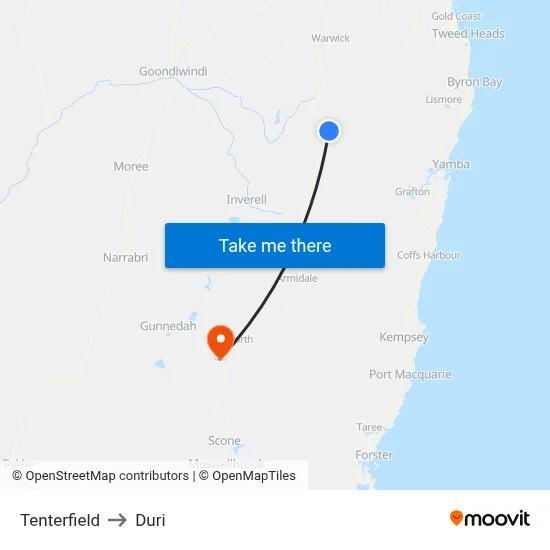 Tenterfield to Duri map