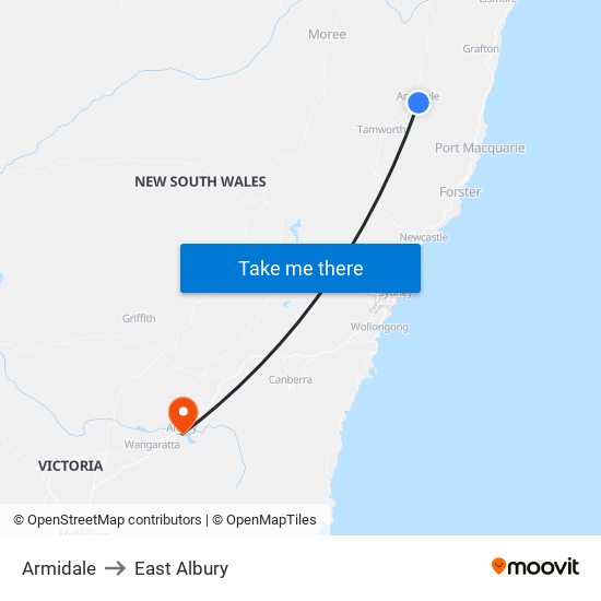 Armidale to East Albury map