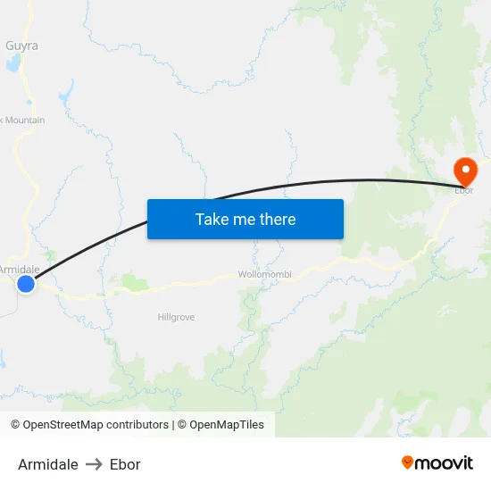 Armidale to Ebor map
