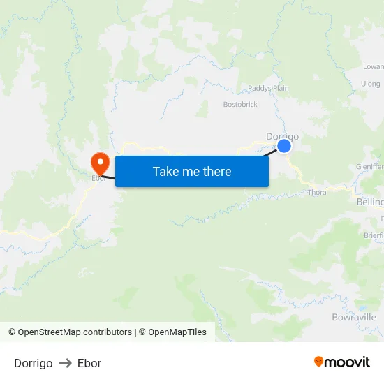 Dorrigo to Ebor map