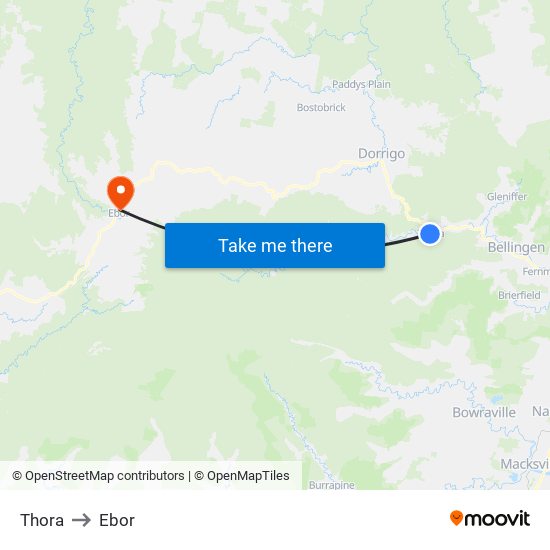 Thora to Ebor map