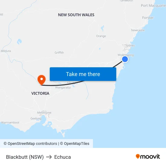 Blackbutt (NSW) to Echuca map