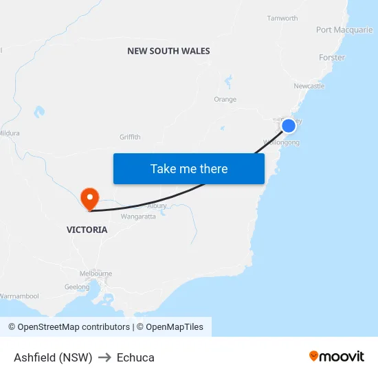 Ashfield (NSW) to Echuca map