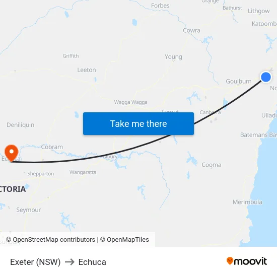 Exeter (NSW) to Echuca map