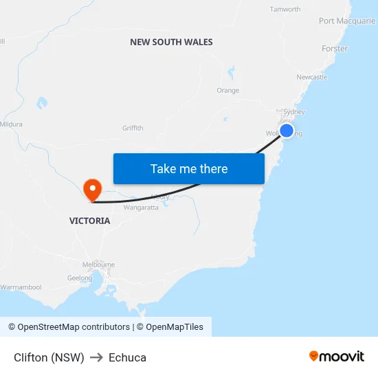Clifton (NSW) to Echuca map