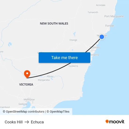 Cooks Hill to Echuca map