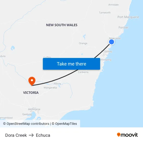 Dora Creek to Echuca map