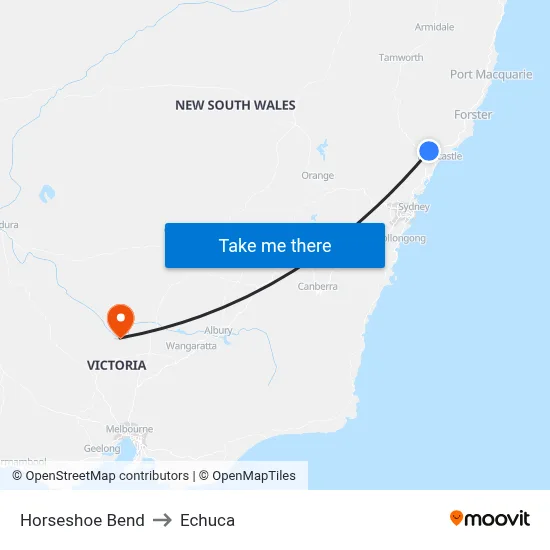 Horseshoe Bend to Echuca map