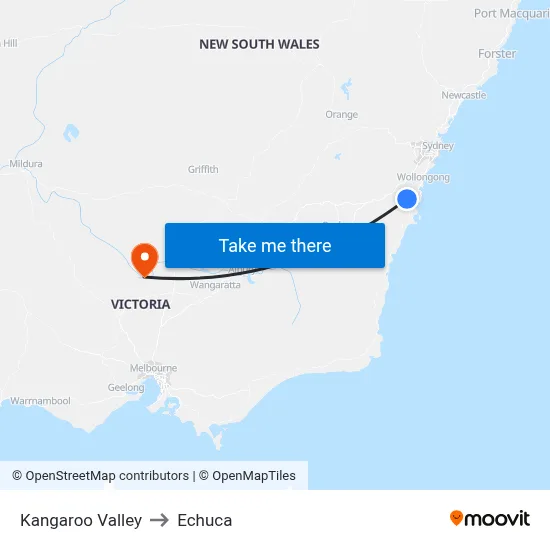 Kangaroo Valley to Echuca map