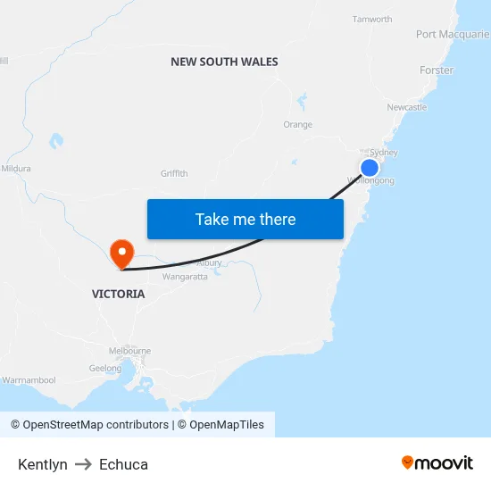 Kentlyn to Echuca map