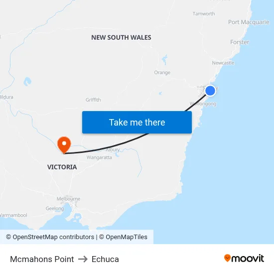 Mcmahons Point to Echuca map
