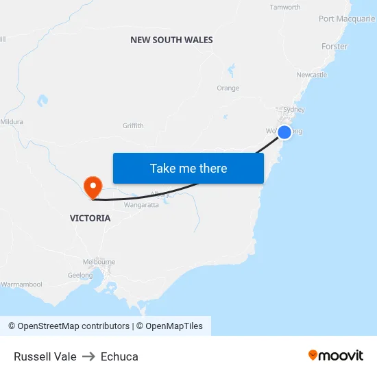 Russell Vale to Echuca map
