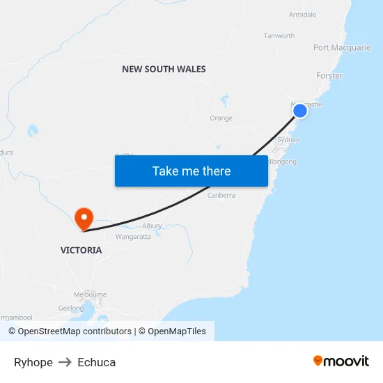 Ryhope to Echuca map