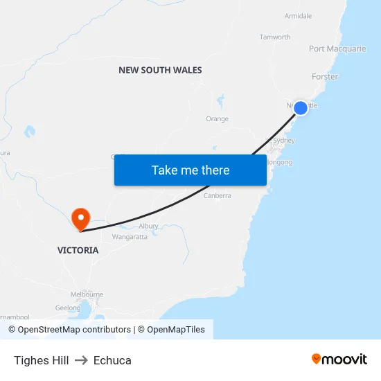 Tighes Hill to Echuca map