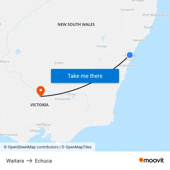 Waitara to Echuca map